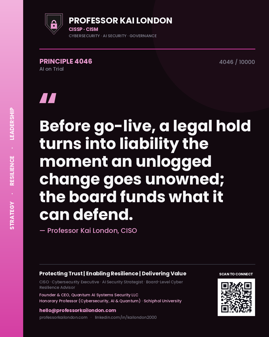 Professor Kai London principle 4046: Before go-live, a legal hold turns into liability the moment an unlogged change goes unowned; the board funds what it can defend.