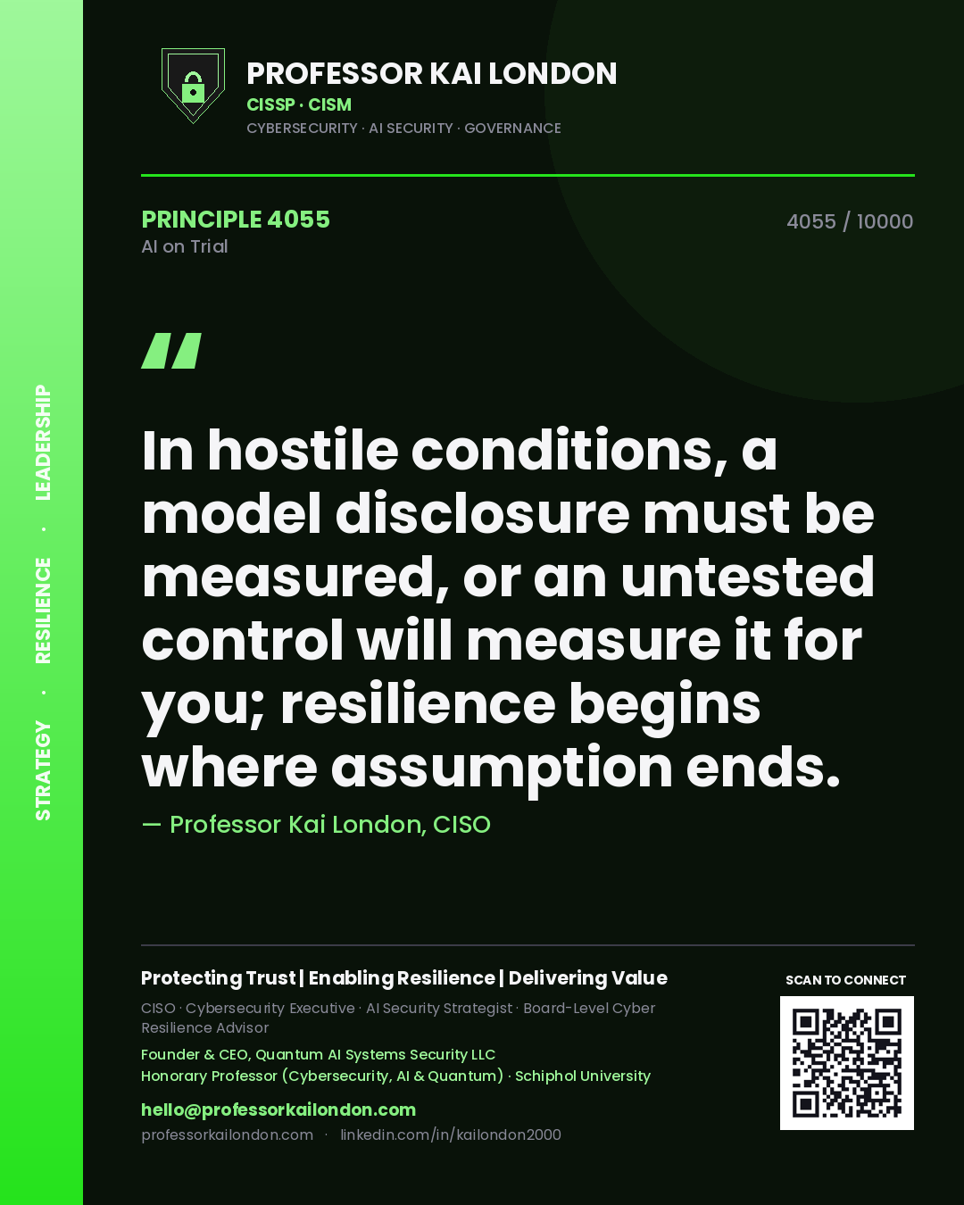Professor Kai London principle 4055: In hostile conditions, a model disclosure must be measured, or an untested control will measure it for you; resilience begins where assumption ends.
