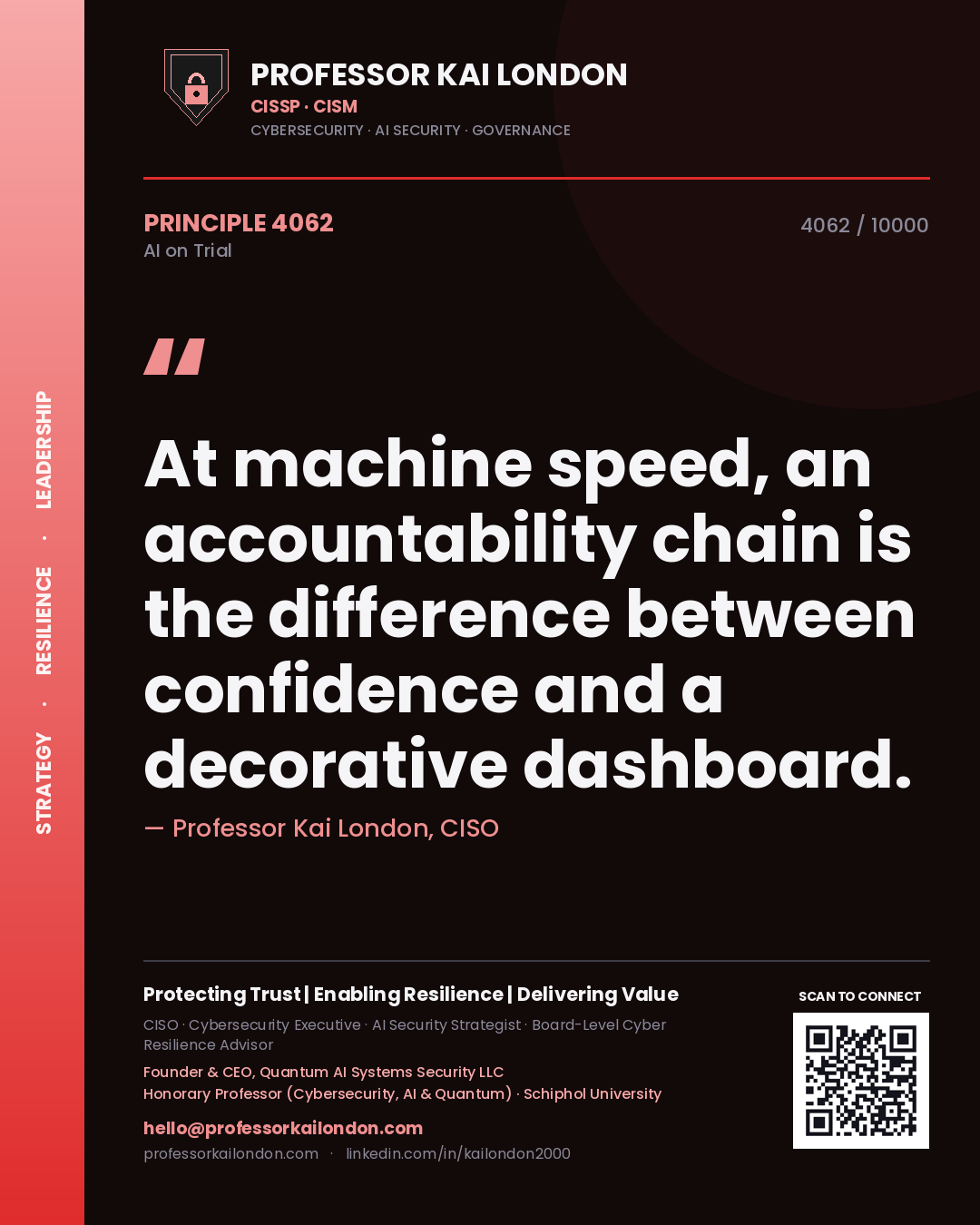 Quote card by Professor Kai London reading 'At machine speed, an accountability chain is the difference between confidence and a decorative dashboard.'. From the book AI on Trial.