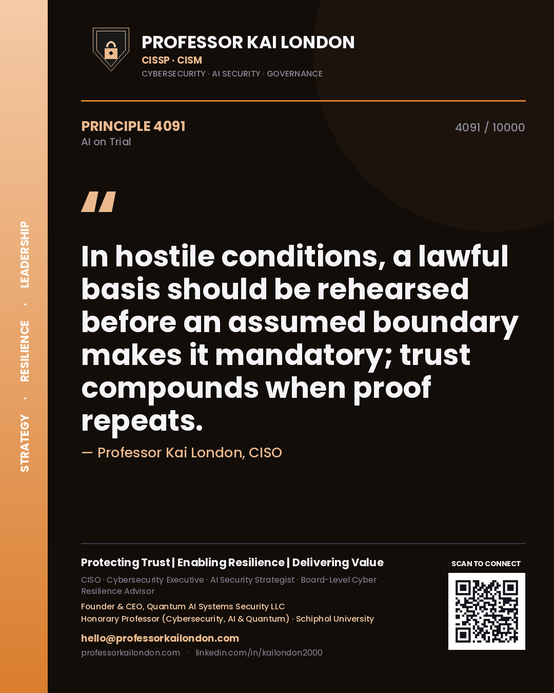 Professor Kai London principle 4091: In hostile conditions, a lawful basis should be rehearsed before an assumed boundary makes it mandatory; trust compounds when proof repeats.