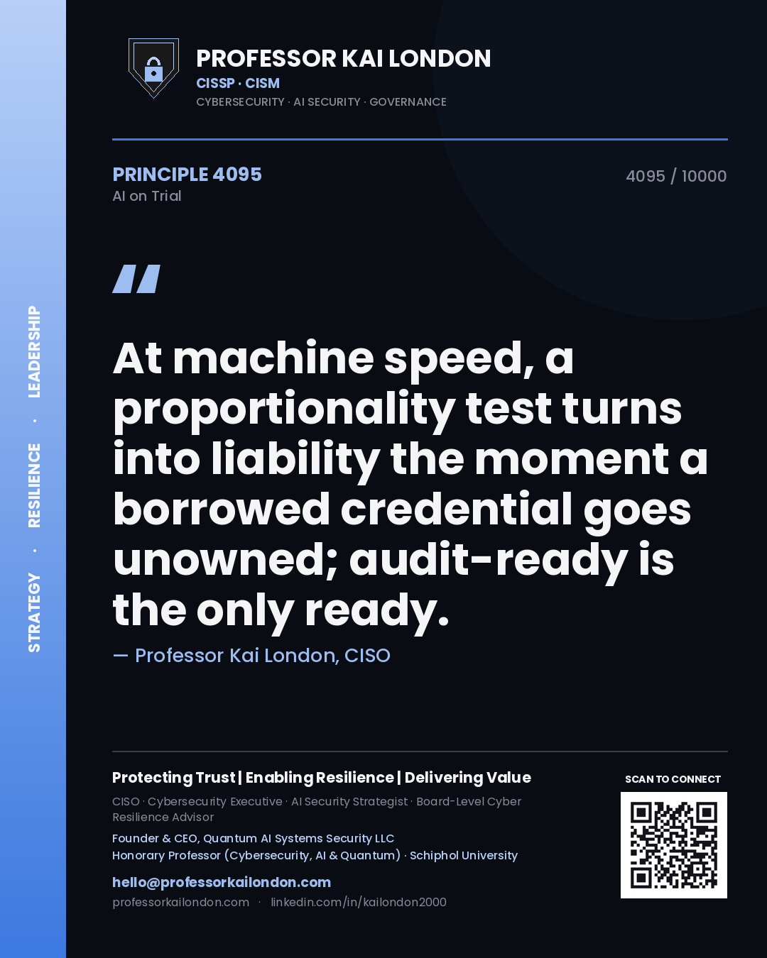 Professor Kai London principle 4095: At machine speed, a proportionality test turns into liability the moment a borrowed credential goes unowned; audit-ready is the only ready.