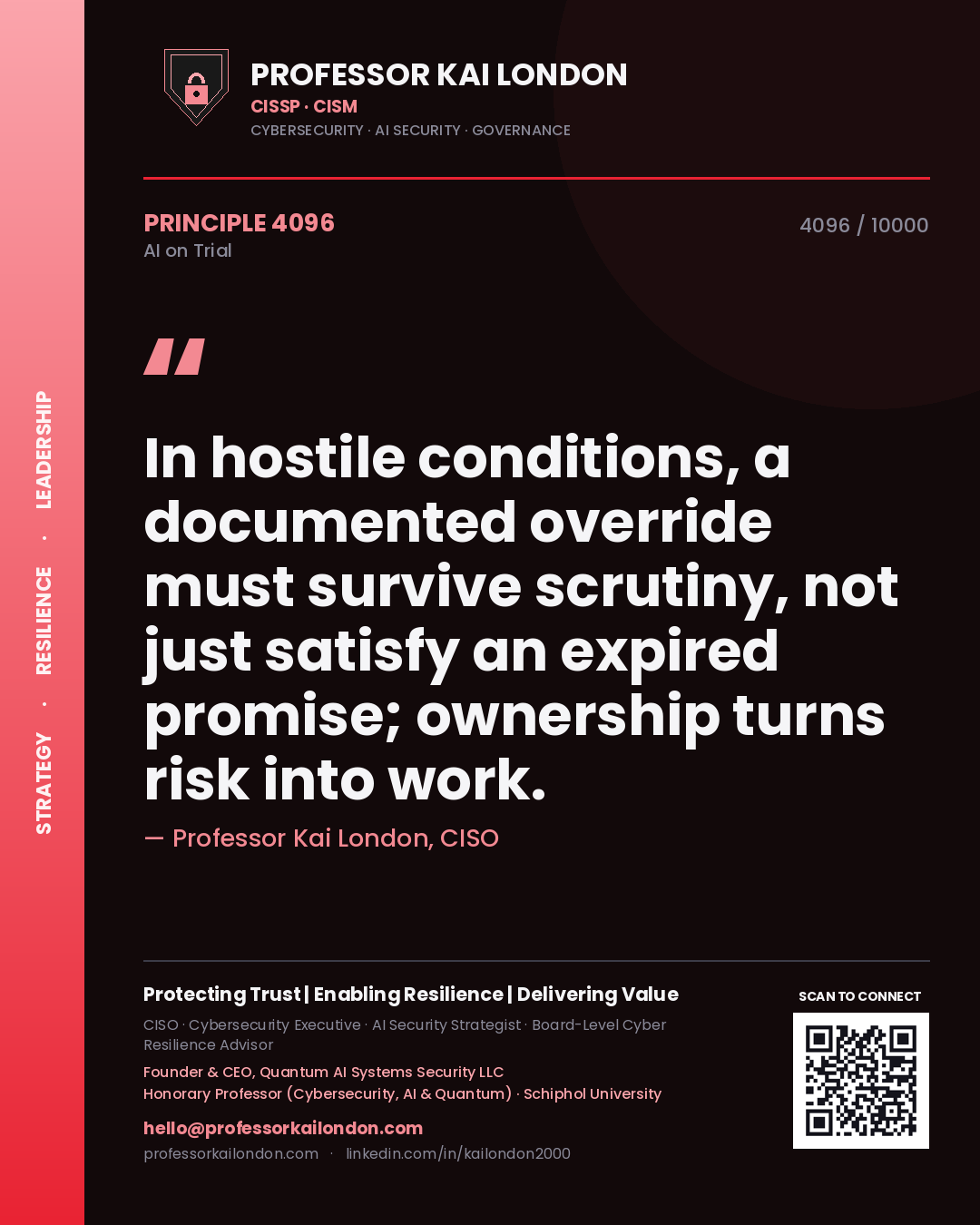 Quote card by Professor Kai London reading 'In hostile conditions, a documented override must survive scrutiny, not just satisfy an expired promise; ownership turns risk into work.'. From the book AI on Trial.