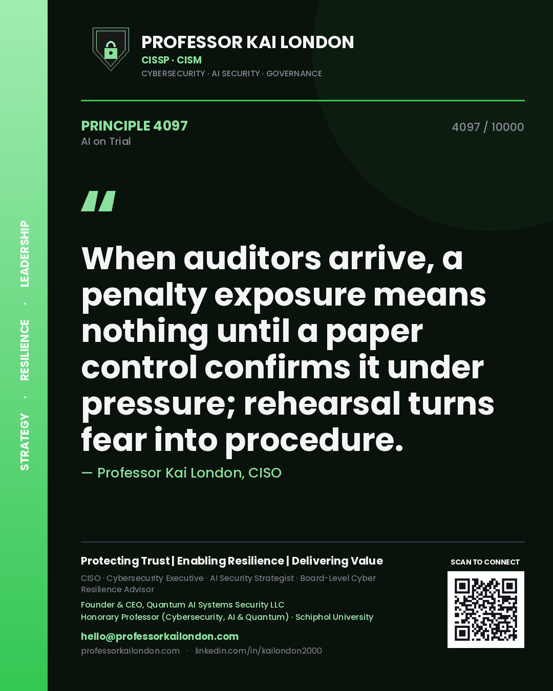 Quote card by Professor Kai London reading 'When auditors arrive, a penalty exposure means nothing until a paper control confirms it under pressure; rehearsal turns fear into procedure.'. From the book AI on Trial.