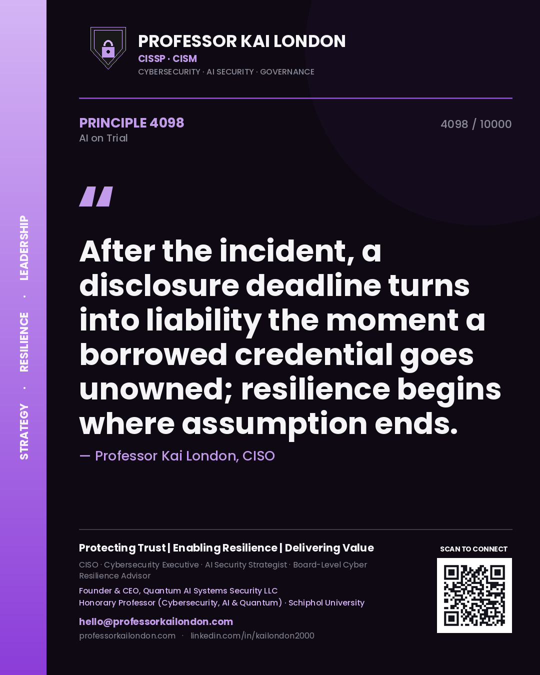 Quote card by Professor Kai London reading 'After the incident, a disclosure deadline turns into liability the moment a borrowed credential goes unowned; resilience begins where assumption ends.'. From the book AI on Trial.