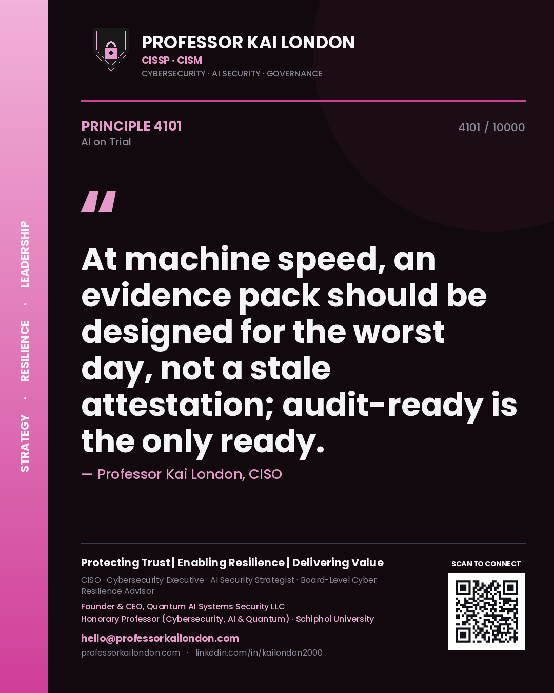 Quote card by Professor Kai London reading 'At machine speed, an evidence pack should be designed for the worst day, not a stale attestation; audit-ready is the only ready.'. From the book AI on Trial.