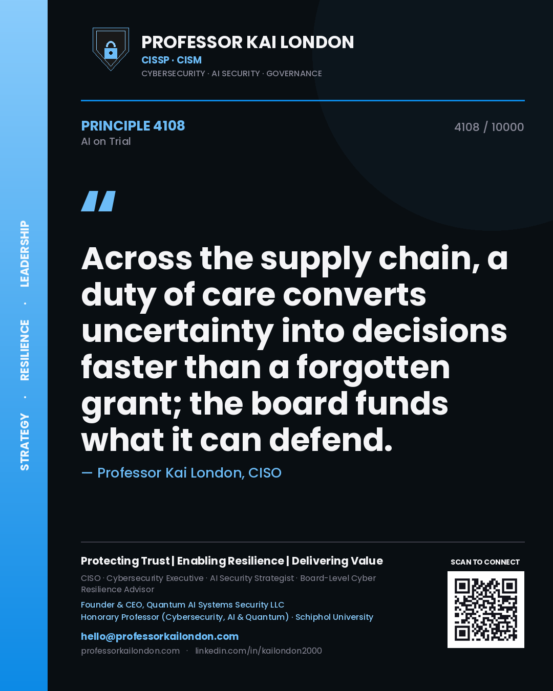 Quote card by Professor Kai London reading 'Across the supply chain, a duty of care converts uncertainty into decisions faster than a forgotten grant; the board funds what it can defend.'. From the book AI on Trial.