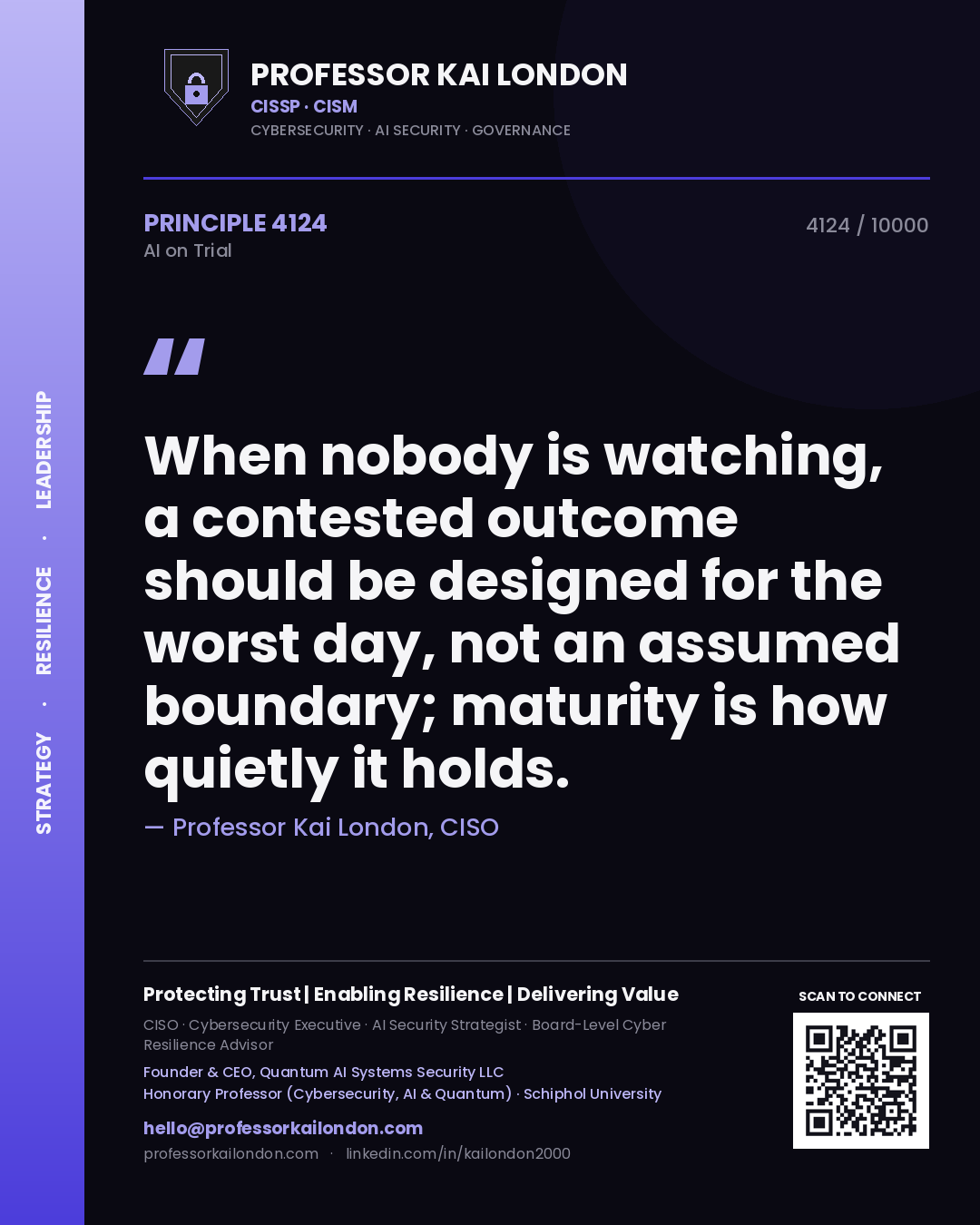Professor Kai London principle 4124: When nobody is watching, a contested outcome should be designed for the worst day, not an assumed boundary; maturity is how quietly it holds.