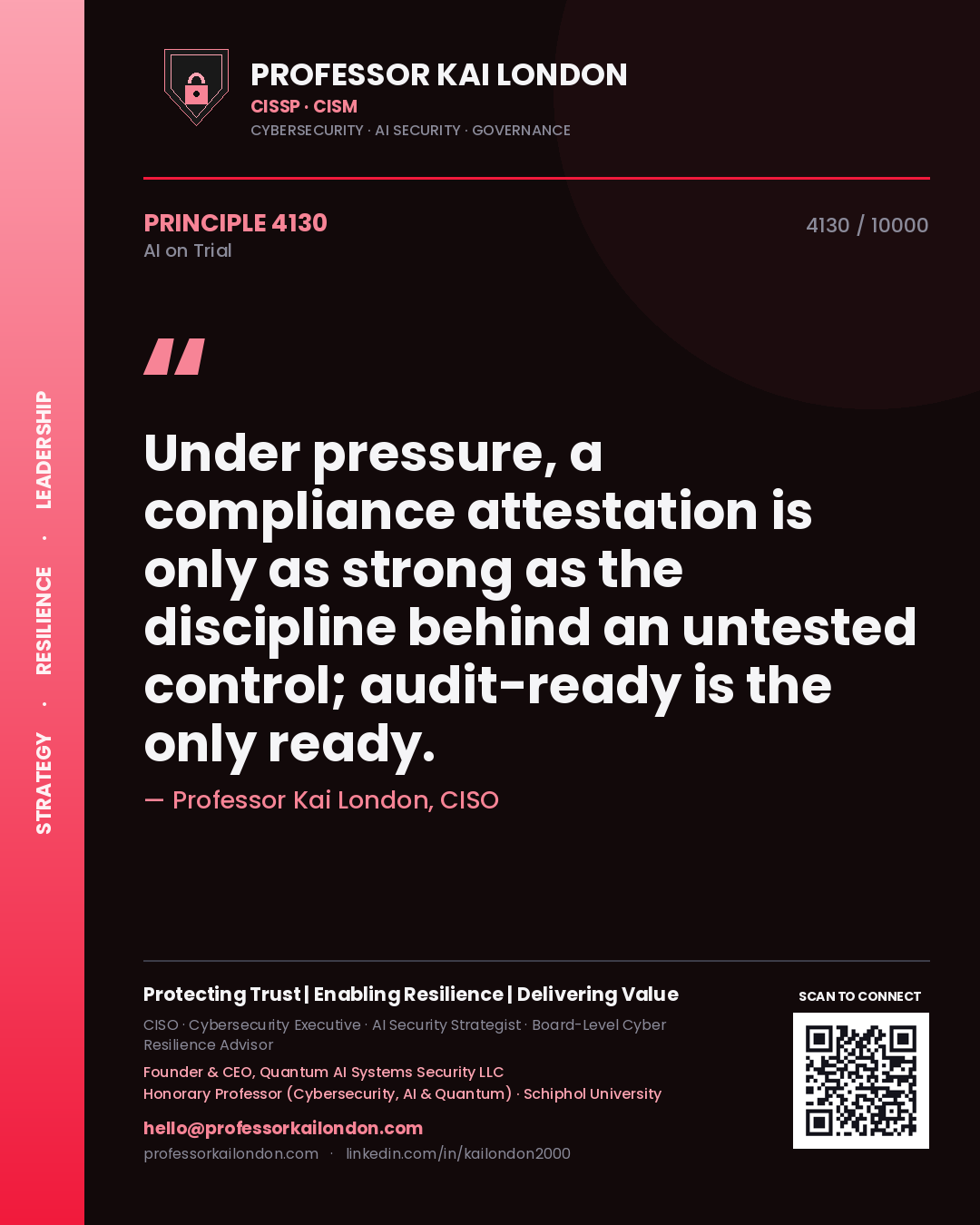 Professor Kai London principle 4130: Under pressure, a compliance attestation is only as strong as the discipline behind an untested control; audit-ready is the only ready.