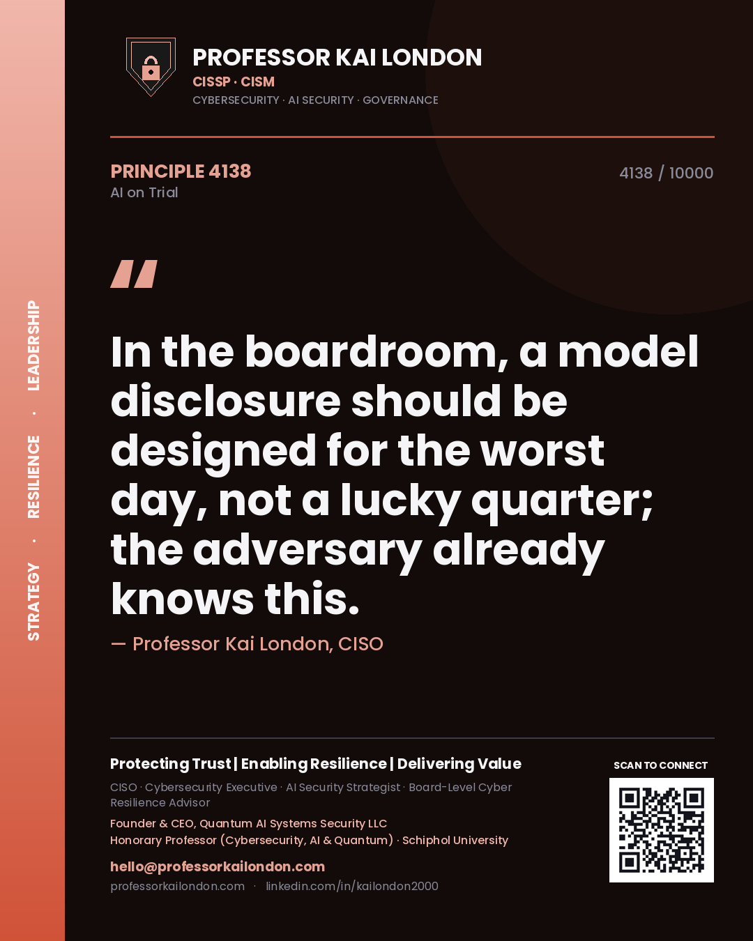 Professor Kai London principle 4138: In the boardroom, a model disclosure should be designed for the worst day, not a lucky quarter; the adversary already knows this.