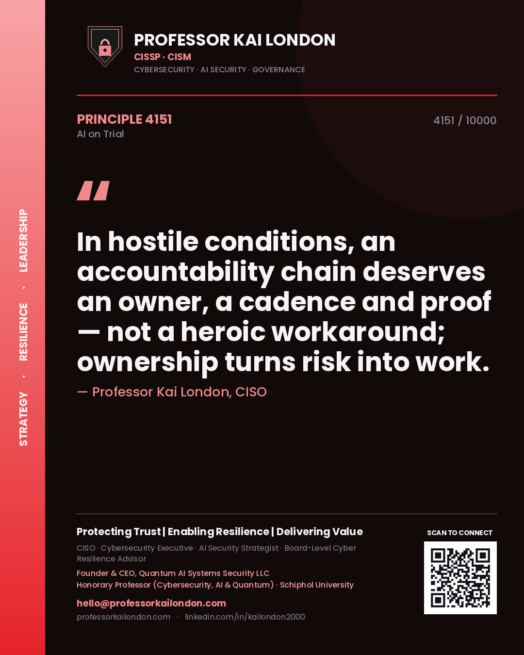 Professor Kai London principle 4151: In hostile conditions, an accountability chain deserves an owner, a cadence and proof — not a heroic workaround; ownership turns risk into work.