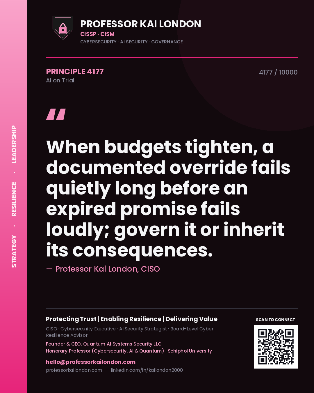 Quote card by Professor Kai London reading 'When budgets tighten, a documented override fails quietly long before an expired promise fails loudly; govern it or inherit its consequences.'. From the book AI on Trial.