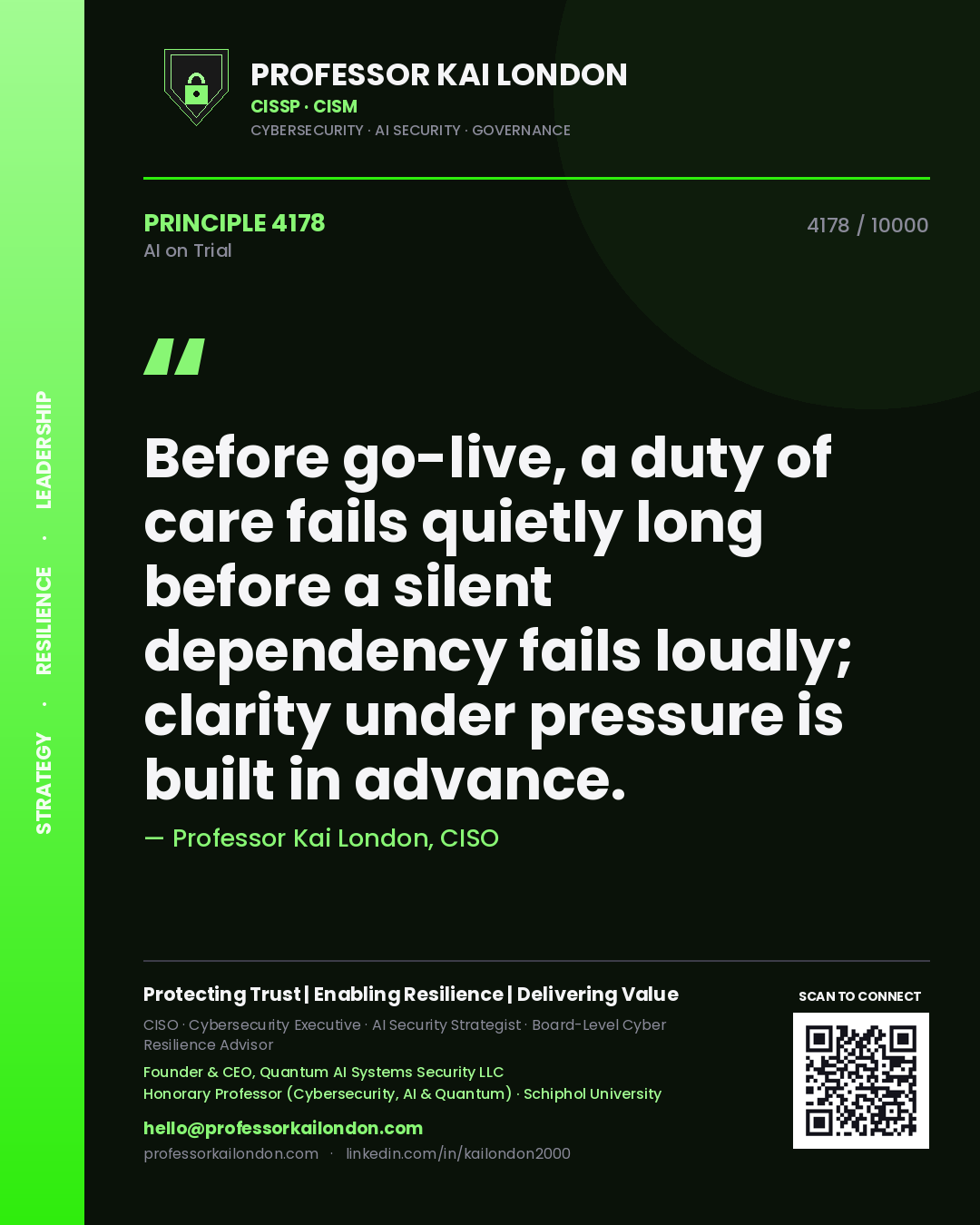 Professor Kai London principle 4178: Before go-live, a duty of care fails quietly long before a silent dependency fails loudly; clarity under pressure is built in advance.