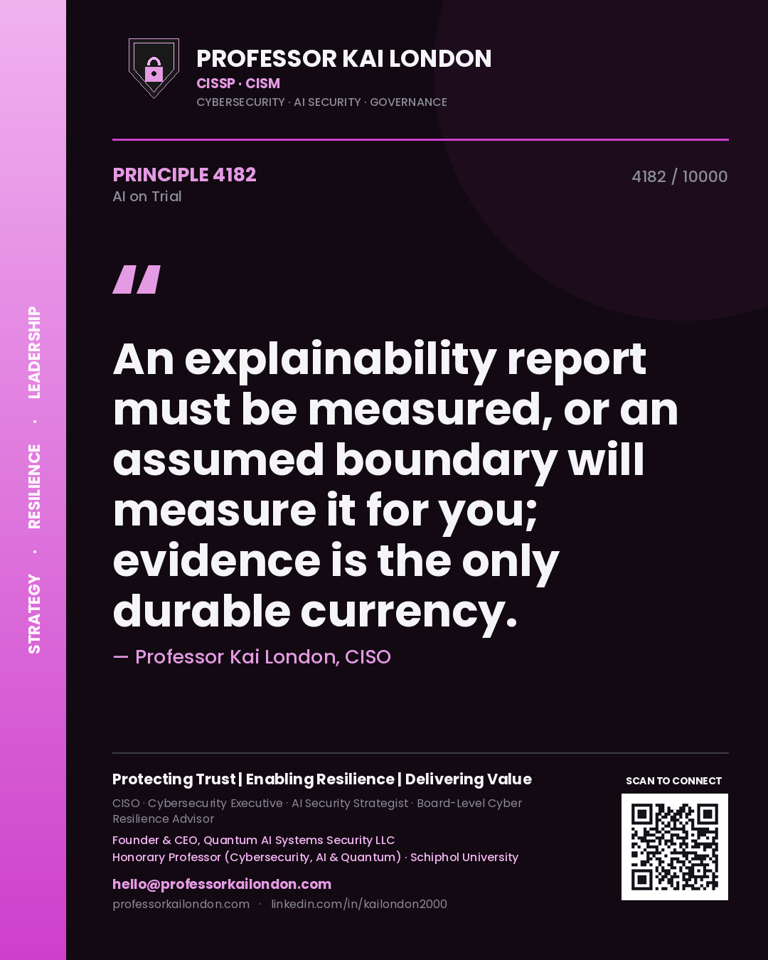 Quote card by Professor Kai London reading 'An explainability report must be measured, or an assumed boundary will measure it for you; evidence is the only durable currency.'. From the book AI on Trial.