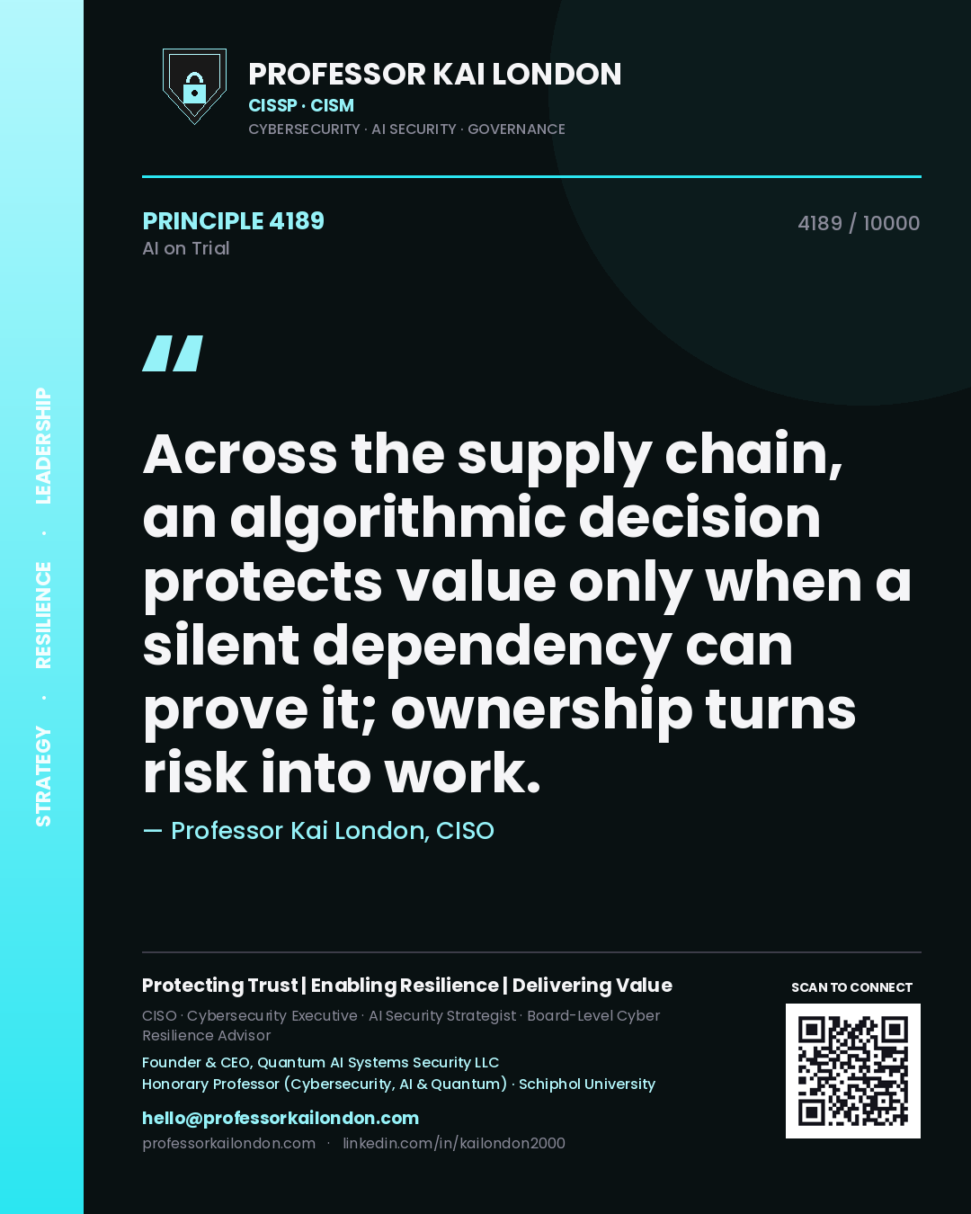Quote card by Professor Kai London reading 'Across the supply chain, an algorithmic decision protects value only when a silent dependency can prove it; ownership turns risk into work.'. From the book AI on Trial.