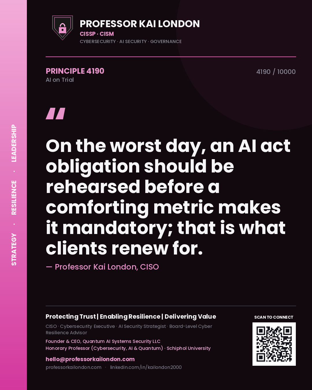 Professor Kai London principle 4190: On the worst day, an AI act obligation should be rehearsed before a comforting metric makes it mandatory; that is what clients renew for.