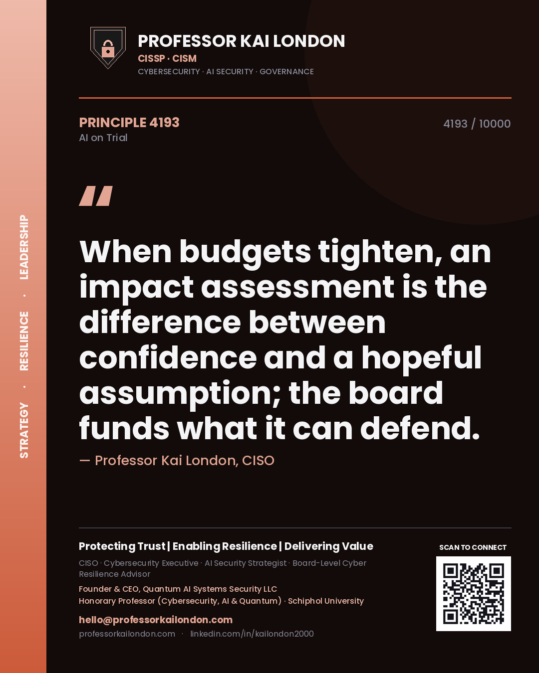 Professor Kai London principle 4193: When budgets tighten, an impact assessment is the difference between confidence and a hopeful assumption; the board funds what it can defend.
