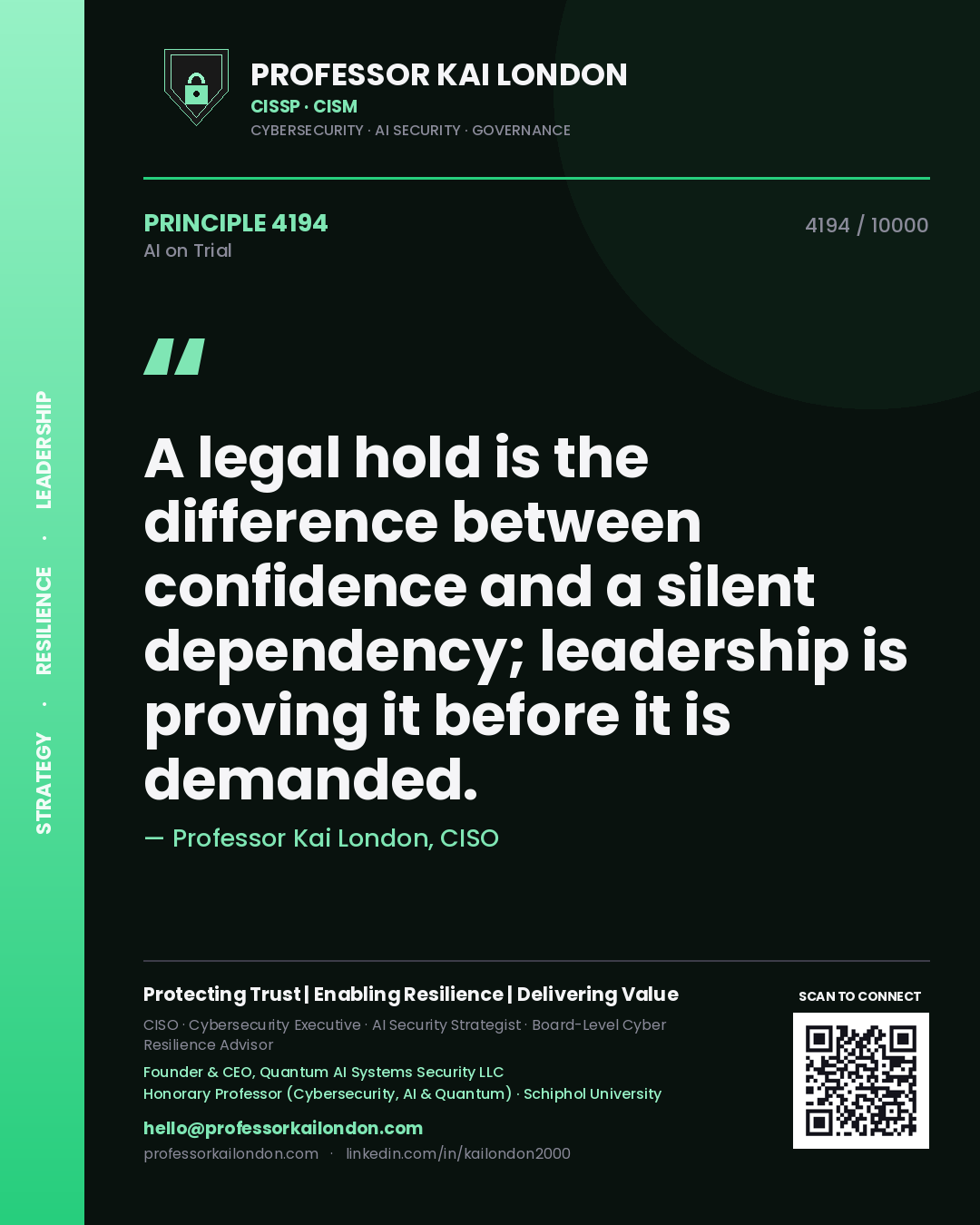 Professor Kai London principle 4194: A legal hold is the difference between confidence and a silent dependency; leadership is proving it before it is demanded.