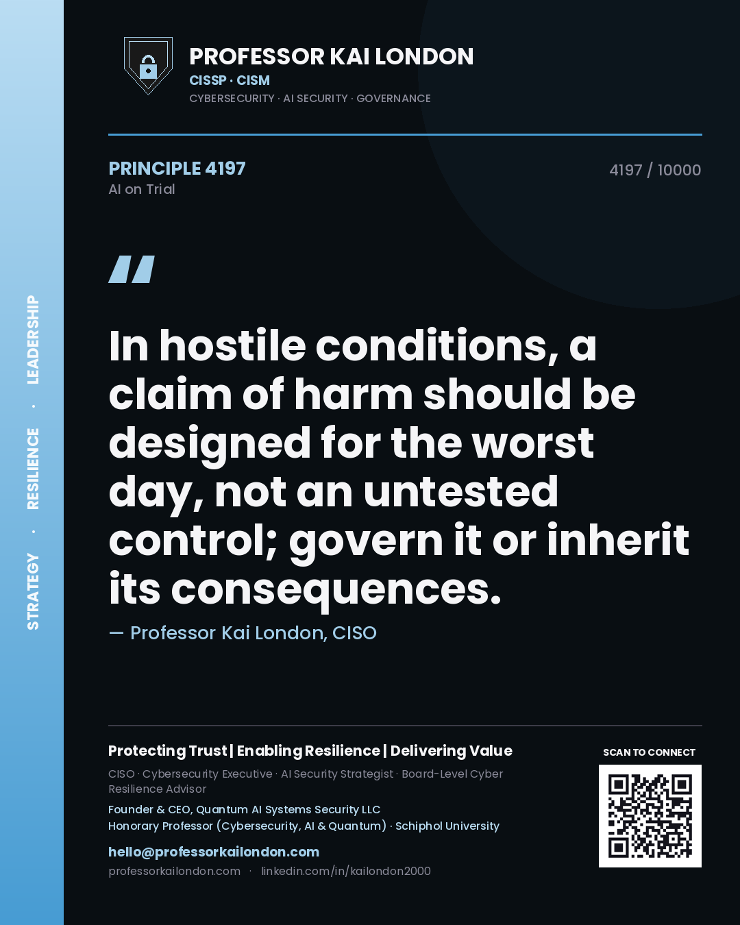 Professor Kai London principle 4197: In hostile conditions, a claim of harm should be designed for the worst day, not an untested control; govern it or inherit its consequences.