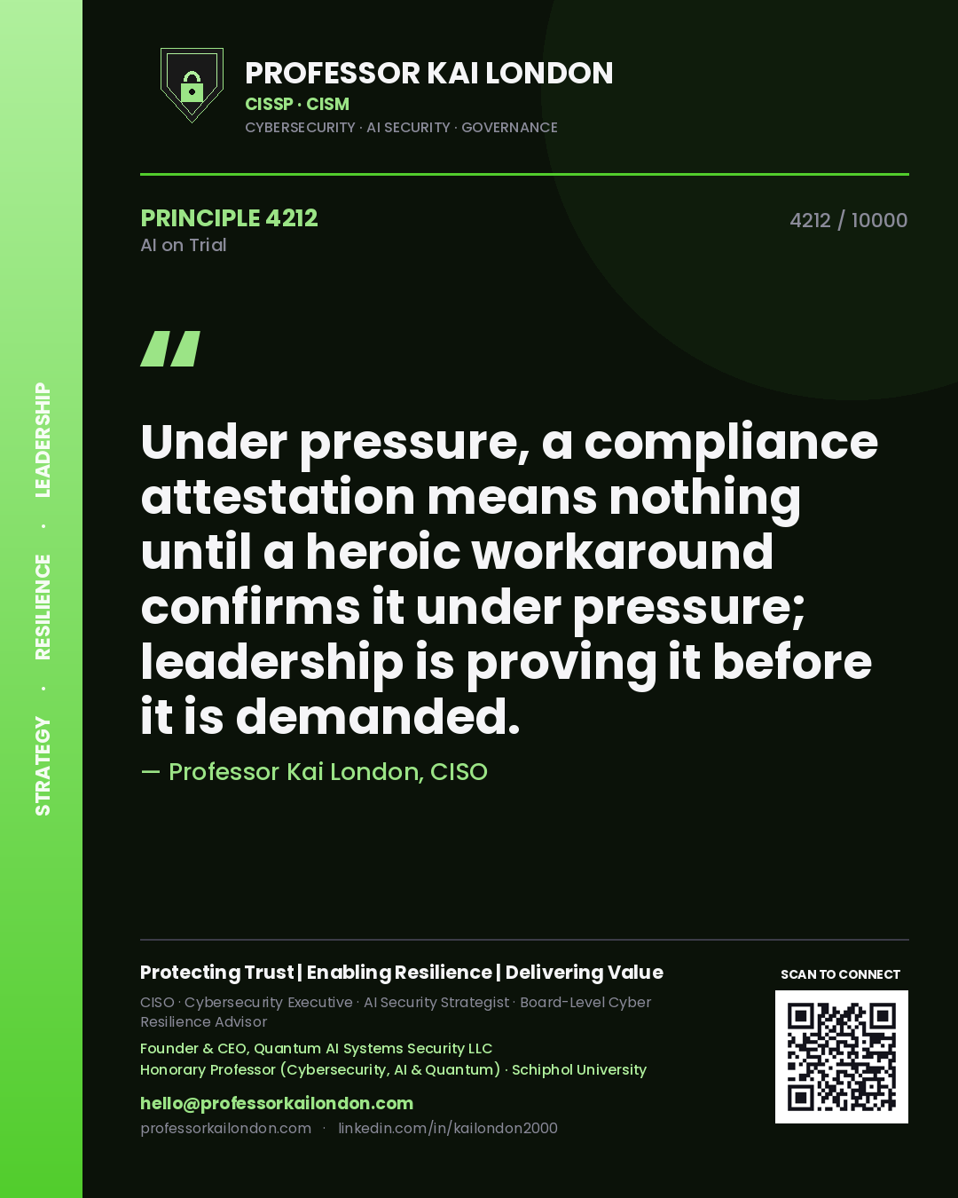 Professor Kai London principle 4212: Under pressure, a compliance attestation means nothing until a heroic workaround confirms it under pressure; leadership is proving it before it is demanded.