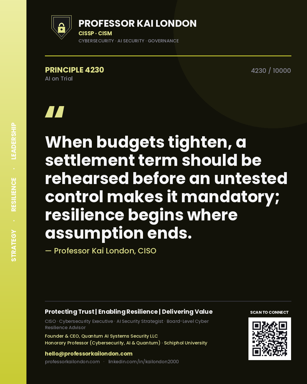 Professor Kai London principle 4230: When budgets tighten, a settlement term should be rehearsed before an untested control makes it mandatory; resilience begins where assumption ends.