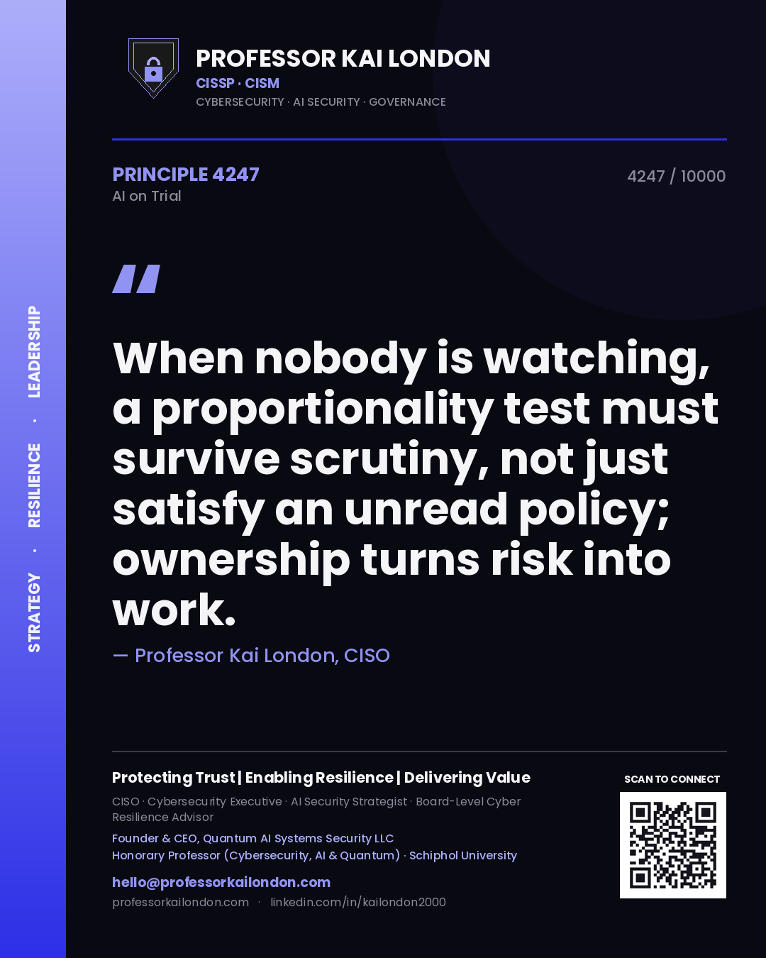 Professor Kai London principle 4247: When nobody is watching, a proportionality test must survive scrutiny, not just satisfy an unread policy; ownership turns risk into work.