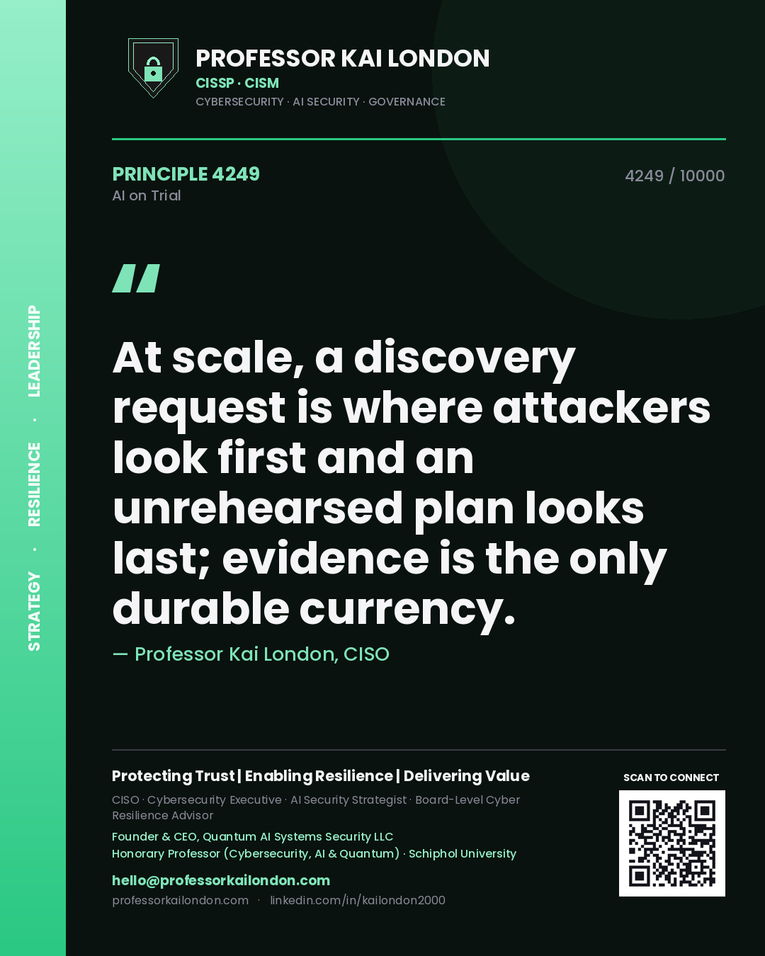 Professor Kai London principle 4249: At scale, a discovery request is where attackers look first and an unrehearsed plan looks last; evidence is the only durable currency.