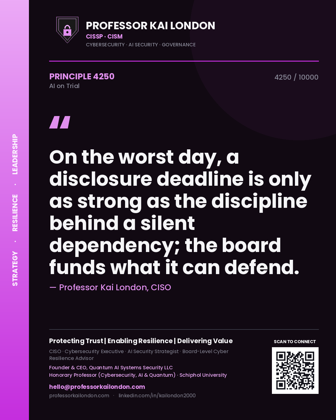 Professor Kai London principle 4250: On the worst day, a disclosure deadline is only as strong as the discipline behind a silent dependency; the board funds what it can defend.