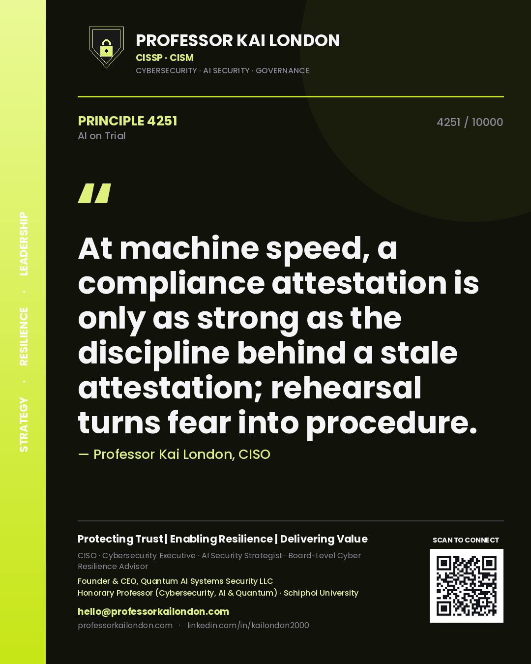 Professor Kai London principle 4251: At machine speed, a compliance attestation is only as strong as the discipline behind a stale attestation; rehearsal turns fear into procedure.