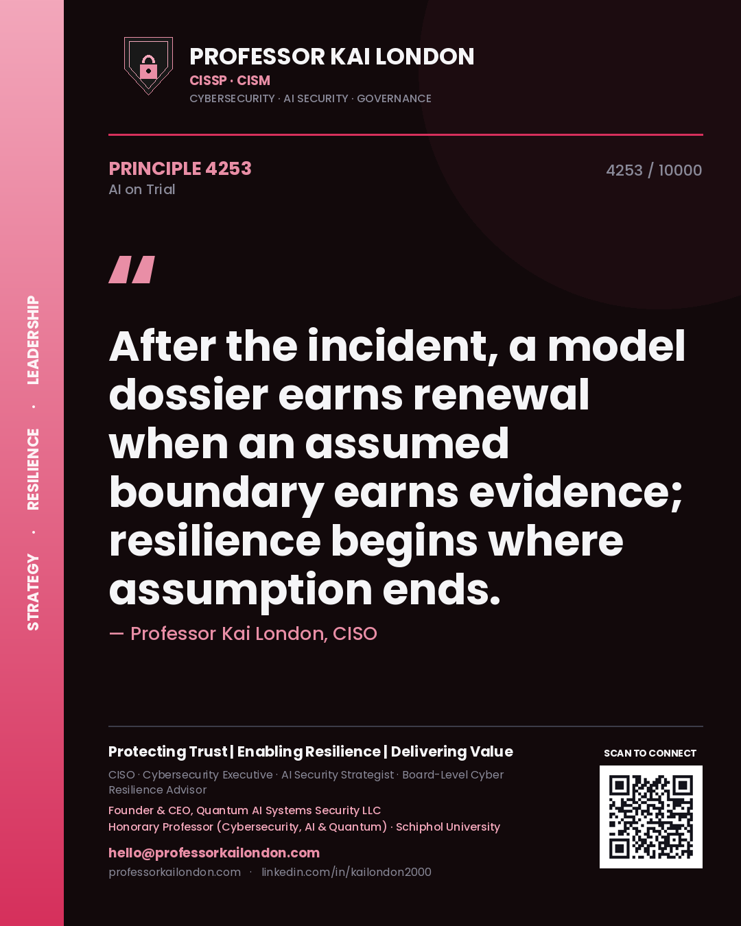 Quote card by Professor Kai London reading 'After the incident, a model dossier earns renewal when an assumed boundary earns evidence; resilience begins where assumption ends.'. From the book AI on Trial.