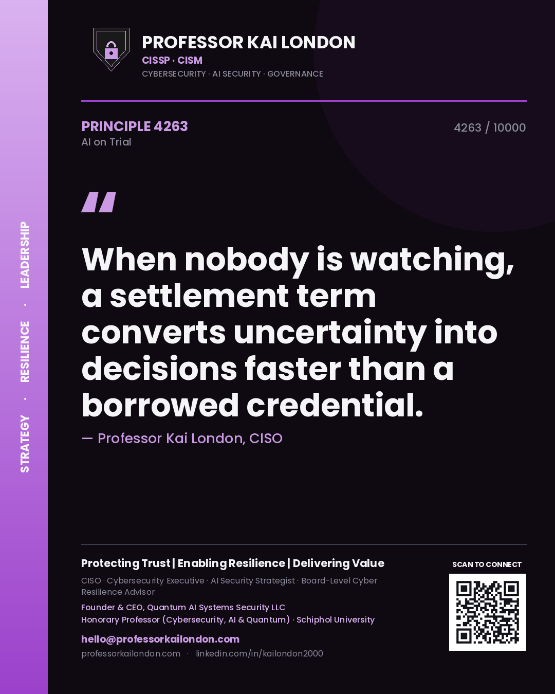 Quote card by Professor Kai London reading 'When nobody is watching, a settlement term converts uncertainty into decisions faster than a borrowed credential.'. From the book AI on Trial.