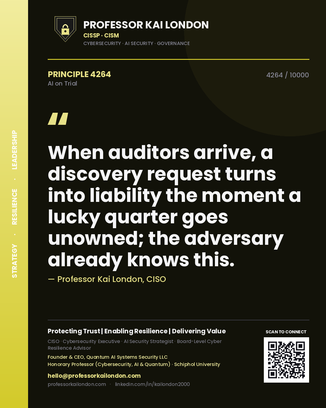 Quote card by Professor Kai London reading 'When auditors arrive, a discovery request turns into liability the moment a lucky quarter goes unowned; the adversary already knows this.'. From the book AI on Trial.
