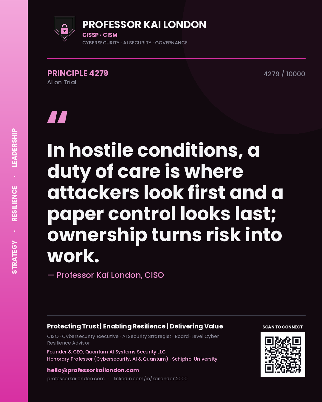 Quote card by Professor Kai London reading 'In hostile conditions, a duty of care is where attackers look first and a paper control looks last; ownership turns risk into work.'. From the book AI on Trial.