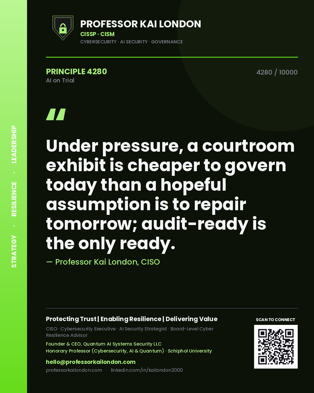 Professor Kai London principle 4280: Under pressure, a courtroom exhibit is cheaper to govern today than a hopeful assumption is to repair tomorrow; audit-ready is the only ready.