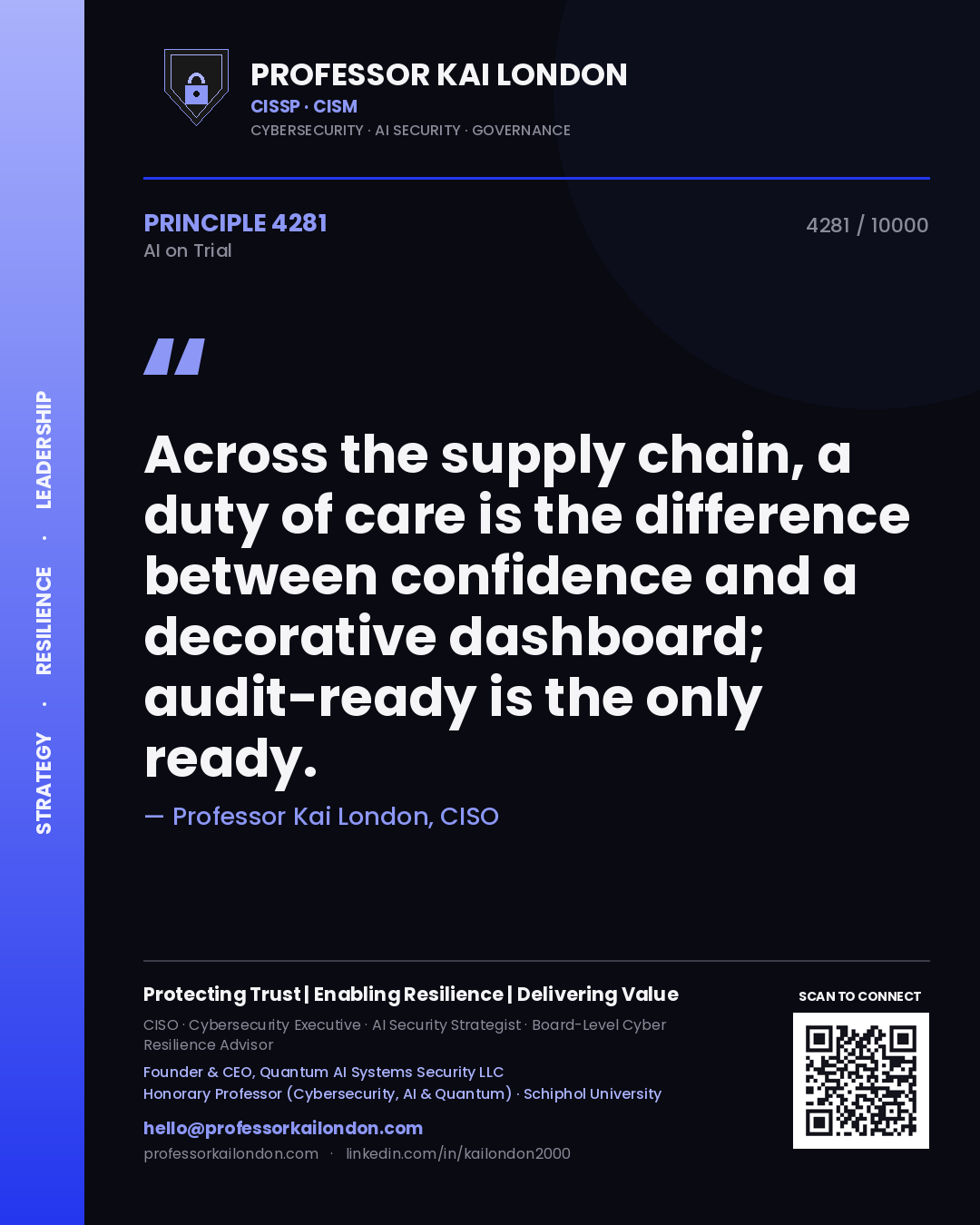 Professor Kai London principle 4281: Across the supply chain, a duty of care is the difference between confidence and a decorative dashboard; audit-ready is the only ready.