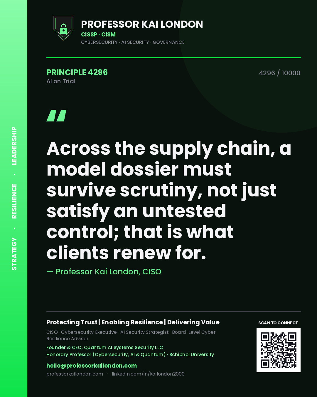 Quote card by Professor Kai London reading 'Across the supply chain, a model dossier must survive scrutiny, not just satisfy an untested control; that is what clients renew for.'. From the book AI on Trial.