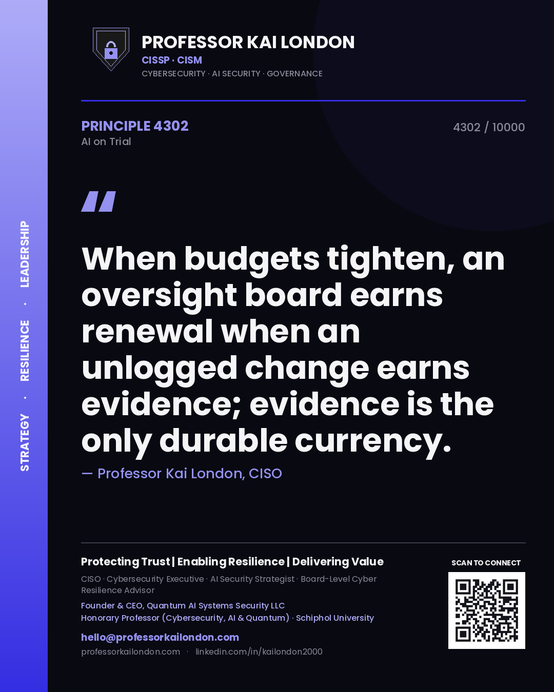 Professor Kai London principle 4302: When budgets tighten, an oversight board earns renewal when an unlogged change earns evidence; evidence is the only durable currency.