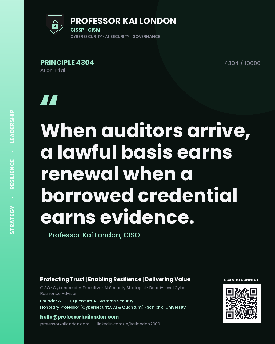 Professor Kai London principle 4304: When auditors arrive, a lawful basis earns renewal when a borrowed credential earns evidence.