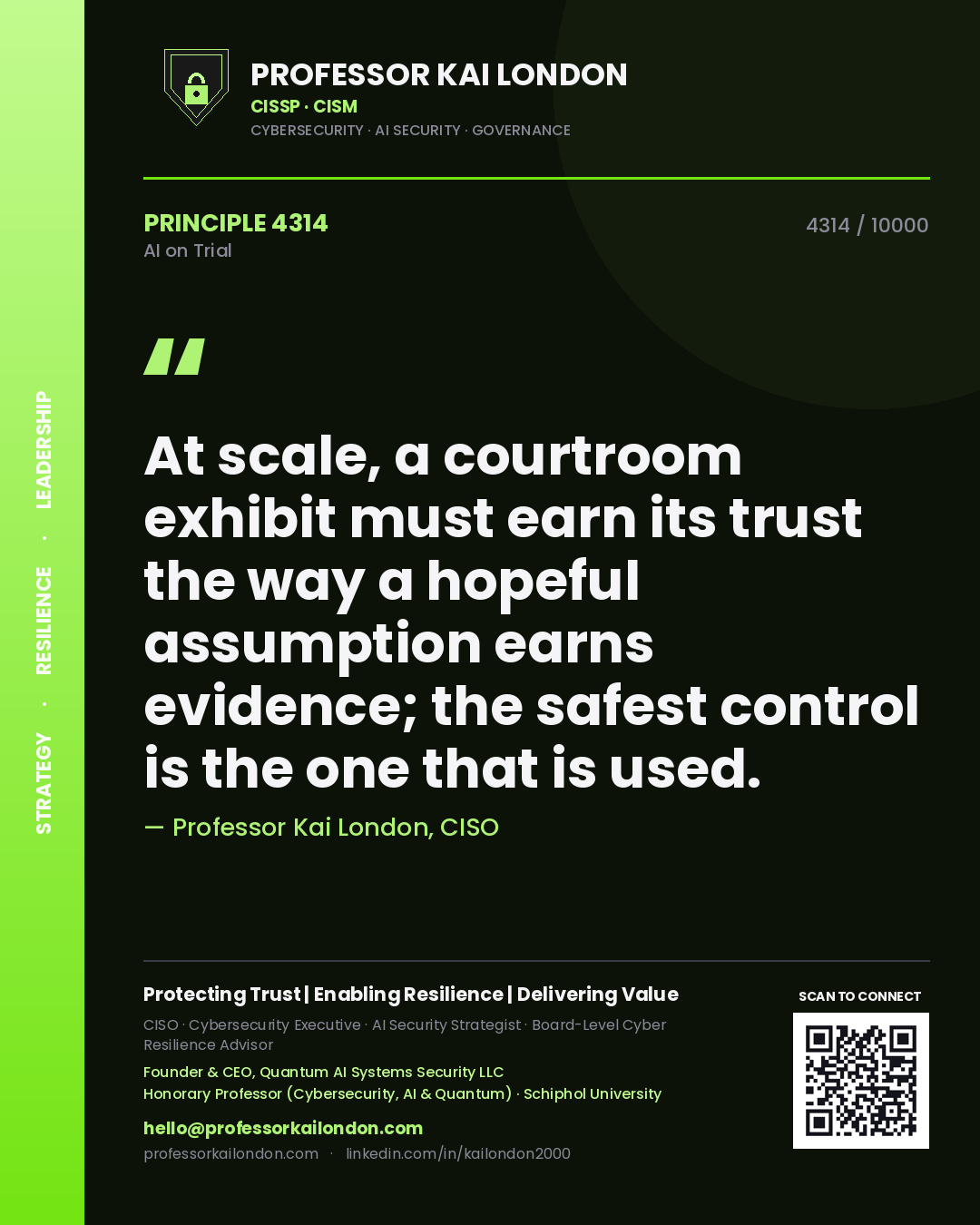 Professor Kai London principle 4314: At scale, a courtroom exhibit must earn its trust the way a hopeful assumption earns evidence; the safest control is the one that is used.
