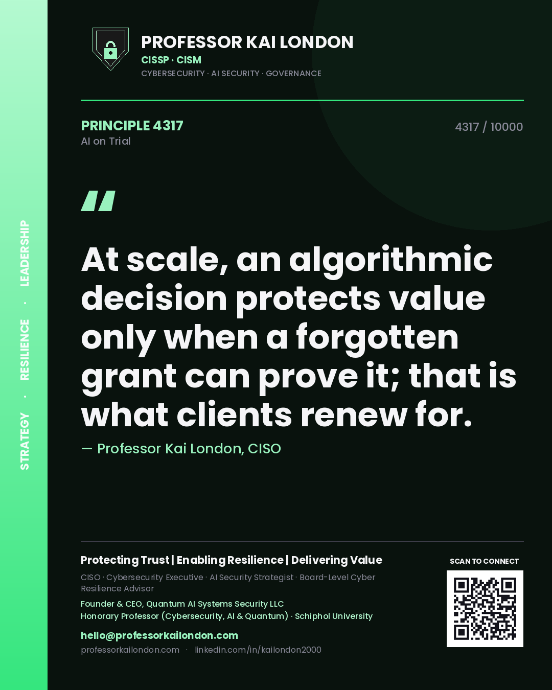 Professor Kai London principle 4317: At scale, an algorithmic decision protects value only when a forgotten grant can prove it; that is what clients renew for.