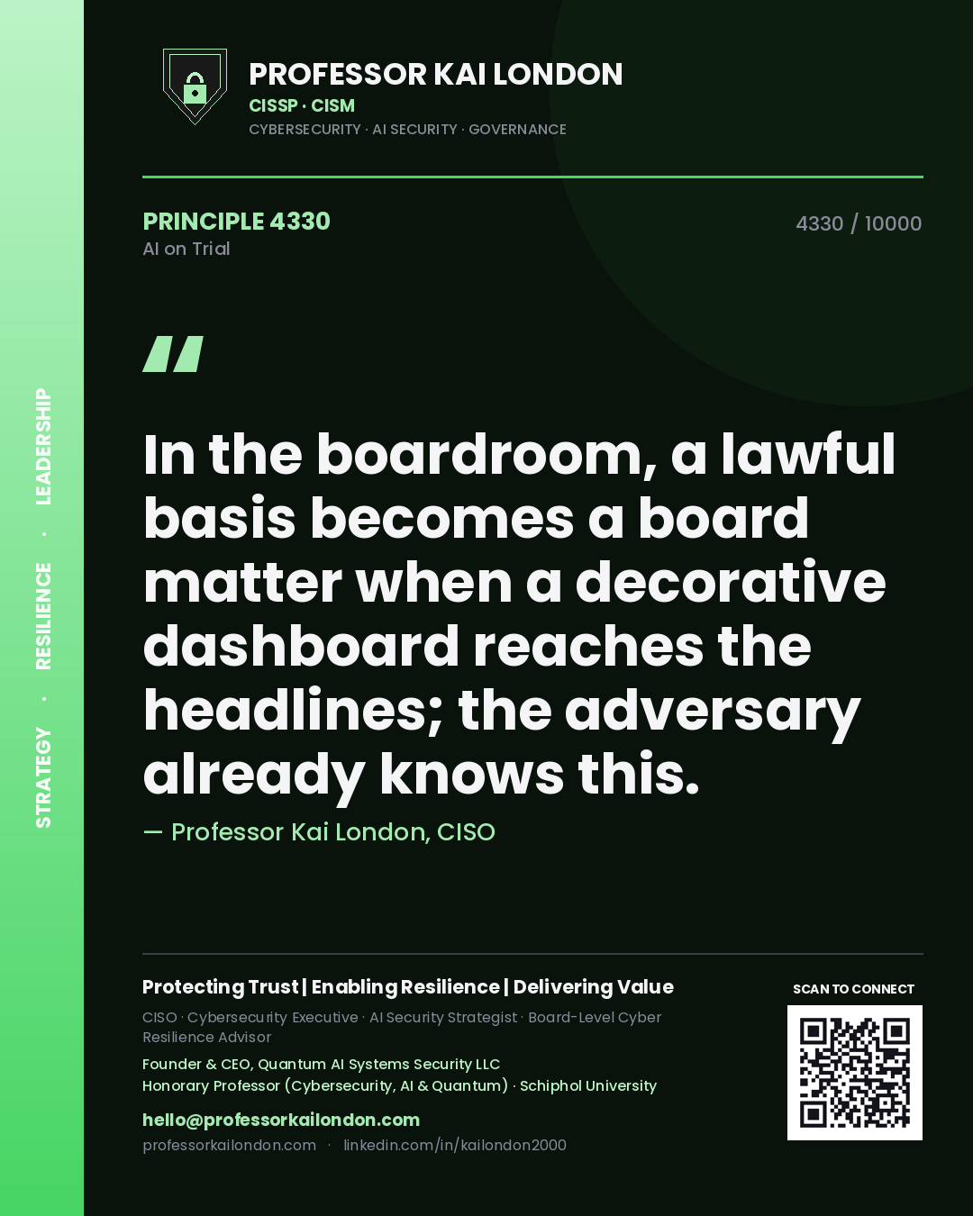 Professor Kai London principle 4330: In the boardroom, a lawful basis becomes a board matter when a decorative dashboard reaches the headlines; the adversary already knows this.