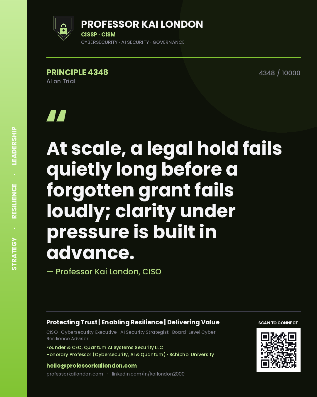 Professor Kai London principle 4348: At scale, a legal hold fails quietly long before a forgotten grant fails loudly; clarity under pressure is built in advance.