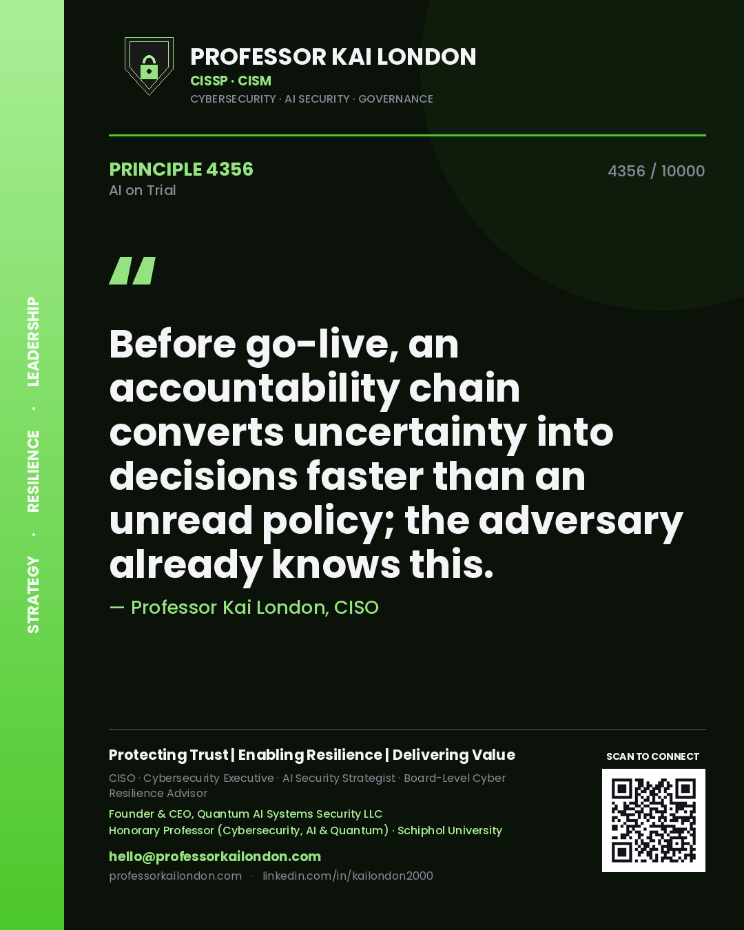 Professor Kai London principle 4356: Before go-live, an accountability chain converts uncertainty into decisions faster than an unread policy; the adversary already knows this.
