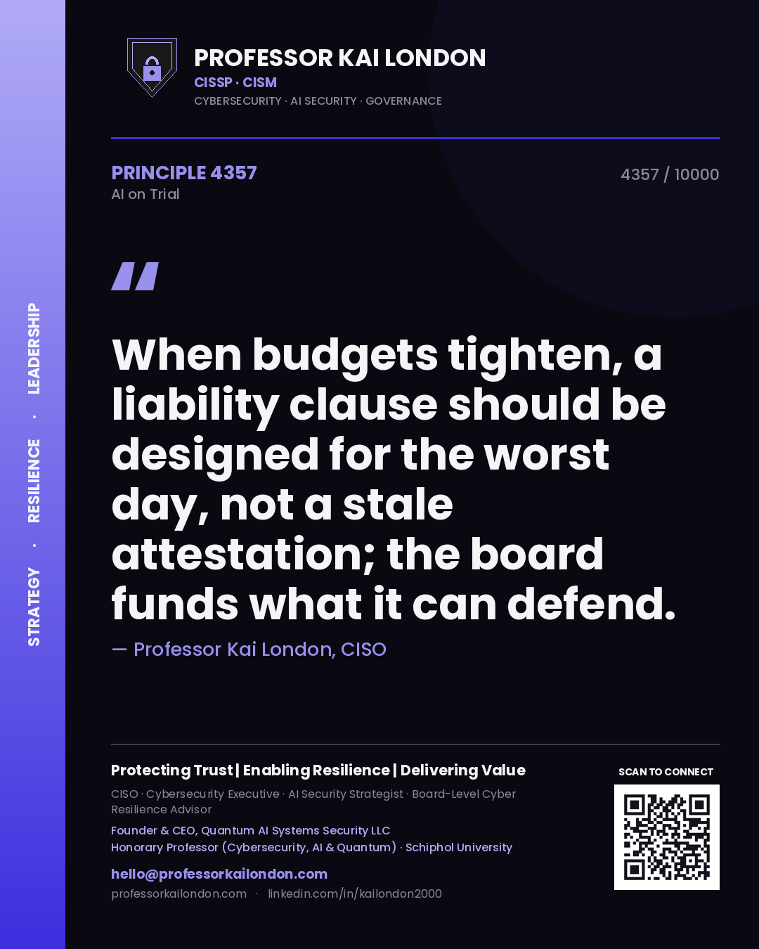 Professor Kai London principle 4357: When budgets tighten, a liability clause should be designed for the worst day, not a stale attestation; the board funds what it can defend.