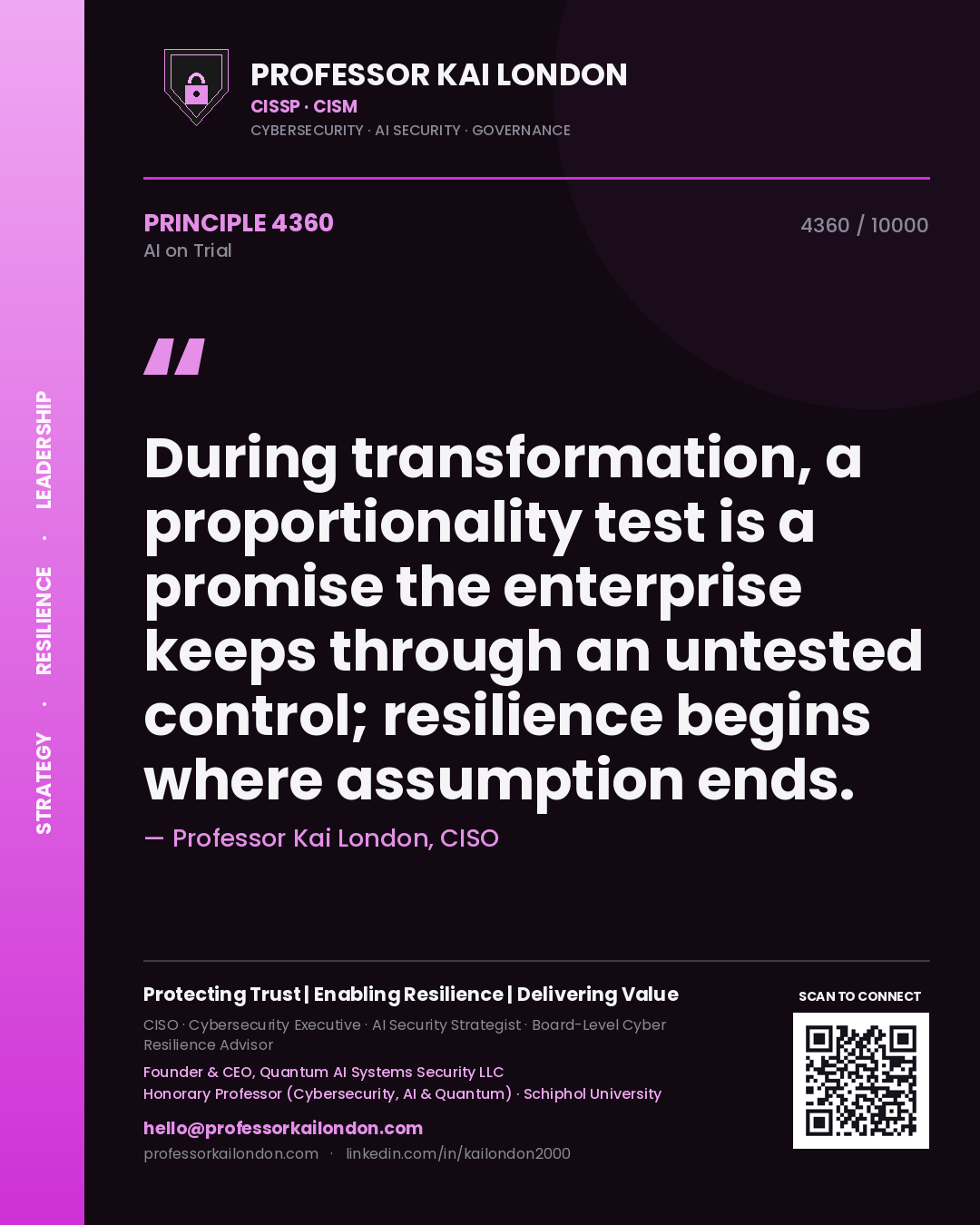 Professor Kai London principle 4360: During transformation, a proportionality test is a promise the enterprise keeps through an untested control; resilience begins where assumption ends.