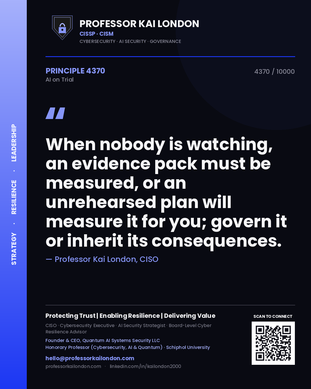 Quote card by Professor Kai London reading 'When nobody is watching, an evidence pack must be measured, or an unrehearsed plan will measure it for you; govern it or inherit its consequences.'. From the book AI on Trial.
