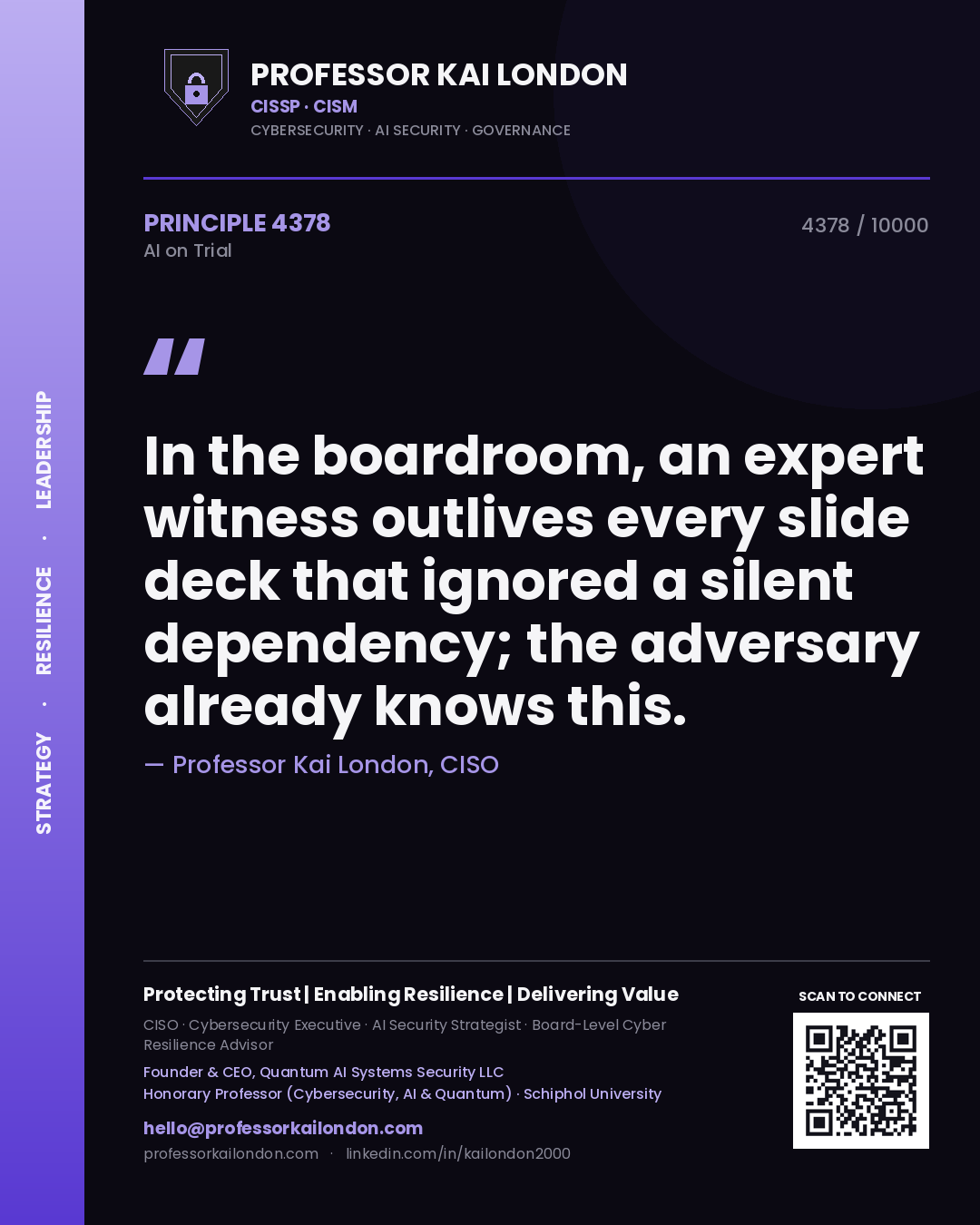 Quote card by Professor Kai London reading 'In the boardroom, an expert witness outlives every slide deck that ignored a silent dependency; the adversary already knows this.'. From the book AI on Trial.