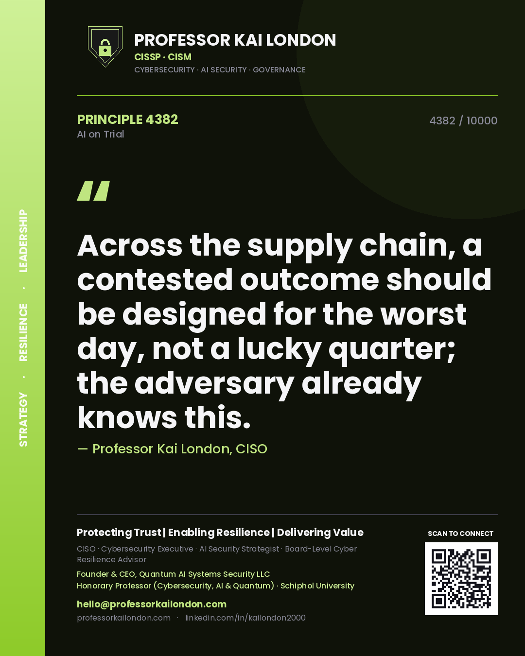 Professor Kai London principle 4382: Across the supply chain, a contested outcome should be designed for the worst day, not a lucky quarter; the adversary already knows this.