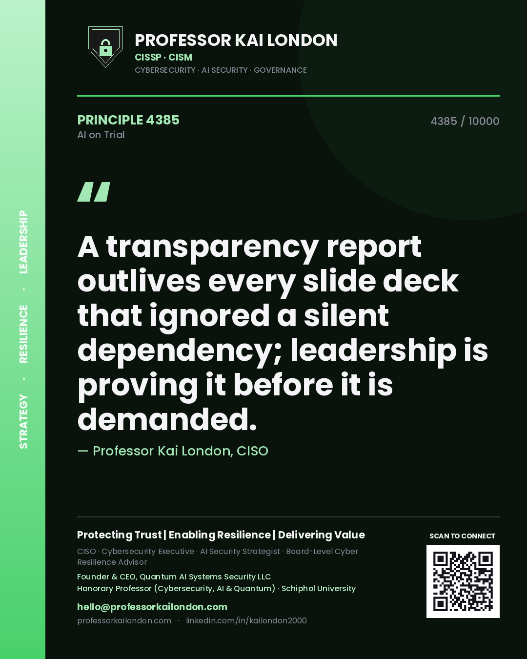 Professor Kai London principle 4385: A transparency report outlives every slide deck that ignored a silent dependency; leadership is proving it before it is demanded.