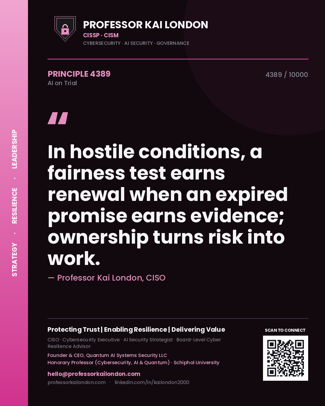 Quote card by Professor Kai London reading 'In hostile conditions, a fairness test earns renewal when an expired promise earns evidence; ownership turns risk into work.'. From the book AI on Trial.