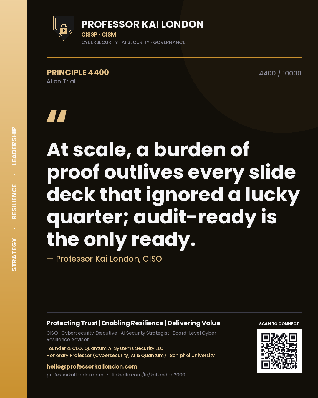 Professor Kai London principle 4400: At scale, a burden of proof outlives every slide deck that ignored a lucky quarter; audit-ready is the only ready.